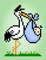 Le pixel 8 bits d'une cigogne porte un bébé avec des sacs, un pixel animal pour les actifs du jeu et des motifs de point de croix dans les illustrations vectorielles. vecteur