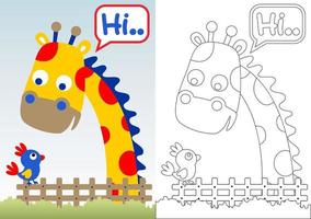 mignonne girafe avec peu oiseau sur clôture, vecteur dessin animé illustration, coloration livre ou page