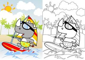 marrant rhinocéros en jouant planche à voile dans le plage à été, vecteur dessin animé, coloration livre ou page