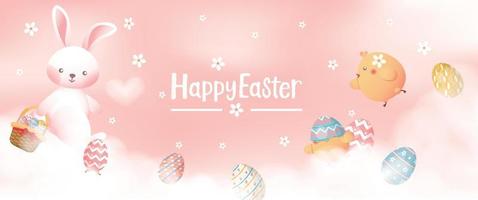 content Pâques carte, bannière, Contexte avec lapin, poussin et des œufs dans le des nuages, pastel couleurs vecteur