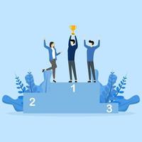 équipe Succès concept gagner ensemble, groupe gagnant ou équipe gagner concept, équipe travail ou collaboration à atteindre commun but, homme d'affaire et homme d'affaire collègues en portant gagner trophée sur premier endroit podium. vecteur