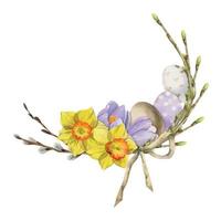 clipart de célébration de pâques dessiné à la main à l'aquarelle. couronne de cercle avec oeufs, lapins, fleurs de crocus jonquille, feuilles. isolé sur fond blanc. invitations, cadeaux, cartes de vœux, impression, textile vecteur