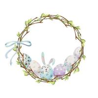 clipart de célébration de pâques dessiné à la main à l'aquarelle. couronne de cercle pastel avec oeufs, lapins, arcs et branches. isolé sur la conception de fond blanc pour les invitations, cadeaux, cartes de voeux, impression, textile vecteur