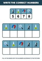 éducation Jeu pour les enfants écrire le droite Nombres dans le boîte selon à le mignonne microscope aimant loupe des photos sur le table imprimable outil feuille de travail vecteur