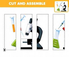 éducation Jeu pour les enfants Coupe entraine toi et assembler puzzle avec mignonne dessin animé microscope seringue et gobelet imprimable outil feuille de travail vecteur