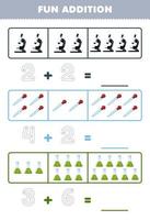 éducation Jeu pour les enfants amusement une addition par compte et tracé le nombre de mignonne dessin animé microscope compte-gouttes gobelet imprimable outil feuille de travail vecteur