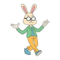 sensationnel hippie content Pâques personnage. Pâques lapin dans branché rétro Années 60 Années 70 dessin animé style. vecteur