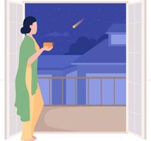 confortable femme avec tasse à la recherche en dehors de balcon à nuit semi plat Couleur vecteur personnage. modifiable chiffre. plein corps la personne sur blanche. Facile dessin animé style illustration pour la toile graphique conception, animation