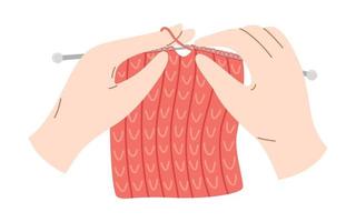 mains tricot une produit avec tricot aiguilles. vecteur illustration de confortable artisanat passe-temps. la laine chaud vêtements.