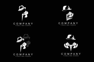 création de logo d'homme détective, smoking de mode détective mafieux et vecteur d'illustration de chapeau, icône d'homme d'affaires noir