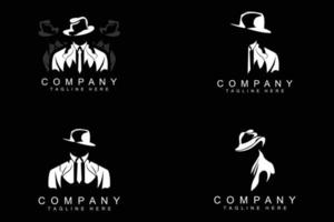 création de logo d'homme détective, smoking de mode détective mafieux et vecteur d'illustration de chapeau, icône d'homme d'affaires noir