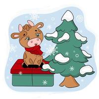 mignonne taureau avec cadeau et Noël arbre vecteur illustration ensemble