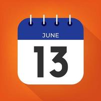 juin journée 13. nombre treize sur une blanc papier avec bleu Couleur frontière sur une Orange Contexte vecteur. vecteur