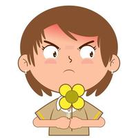 fille en portant fleur en colère visage dessin animé mignonne vecteur