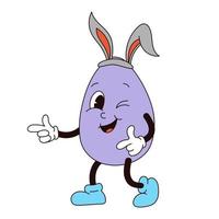 rétro sensationnel Pâques Oeuf mascotte dans branché dessin animé Années 60 Années 70 style. vieux classique dessin animé style. Bandeau avec lapin oreilles. plat vecteur illustration dans violet couleurs.