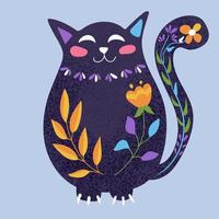noir chat avec fleurs. illustration vecteur