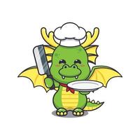 mignonne chef dragon mascotte dessin animé personnage avec couteau et plaque. vecteur