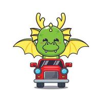 mignonne dragon mascotte dessin animé personnage balade sur auto. vecteur