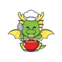 mignonne chef dragon mascotte dessin animé personnage avec soupe. vecteur