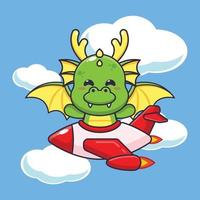 mignonne dragon mascotte dessin animé personnage balade sur avion jet. vecteur