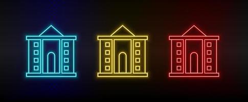 néon Icônes. bâtiment maison. ensemble de rouge, bleu, Jaune néon vecteur icône sur foncé Contexte