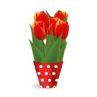 magnifique bouquet de cinq tulipes sur une transparent Contexte. printemps fleurs avec longue vert feuilles. vecteur
