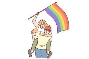 content couple avec lgbt drapeau. souriant homme et femme montrant soutien sur fierté parade. homosexualité et l'amour liberté. vecteur illustration.