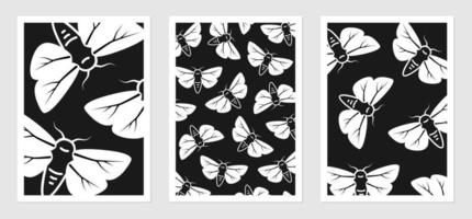 affiches avec noir et blanc mites ensemble. vecteur illustration de insectes. linéaire dessin de nuit papillons.