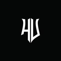 Ruban de logo de lettre monogramme hu avec style de bouclier isolé sur fond noir vecteur