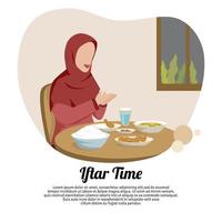 illustration de musulman femme Pause jeûne. iftar temps avec musulman personnage vecteur