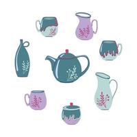 magnifique céramique thé ensemble. porcelaine vaisselle. coloré vaisselle icône ensemble. main tiré plat style vecteur illustrations.