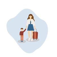 en voyageant femme avec enfant et valise, prime vecteur