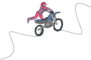 un seul dessin au trait d'un jeune pilote de motocross volant en freestyle à l'illustration graphique vectorielle de la piste de course. concept de sport extrême. conception de dessin en ligne continue moderne pour la bannière de l'événement de course de motocross vecteur