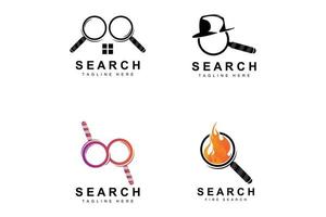 création de logo de recherche, illustration de détective, recherche de domicile, lentille en verre, vecteur de marque d'entreprise