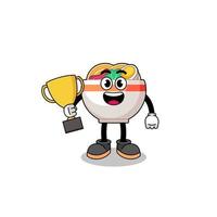 dessin animé mascotte de nouille bol en portant une trophée vecteur