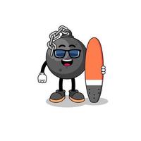 mascotte dessin animé de naufrage Balle comme une surfeur vecteur