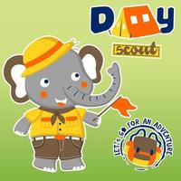 mignonne l'éléphant dans scout uniforme avec camping éléments, vecteur dessin animé illustration