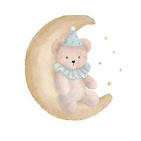 mignonne nounours ours sur le lune avec peu étoiles, aquarelle vecteur illustration.