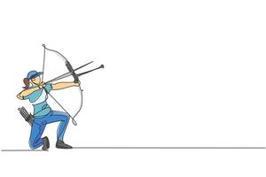 dessin en ligne continue unique de la jeune femme archer professionnelle se concentre sur la cible de tir à l'arc. exercice de sport de tir à l'arc avec le concept d'arc. graphique d'illustration vectorielle de conception de dessin à une ligne à la mode vecteur