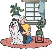 main tiré personnes âgées séance avec le chien illustration dans griffonnage style