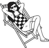 main tiré femelle touristes bain de soleil sur transats illustration dans griffonnage style vecteur