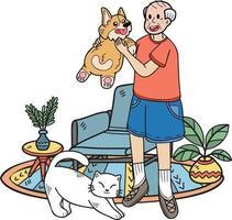 main tiré personnes âgées jouer avec chiens et chats illustration dans griffonnage style vecteur