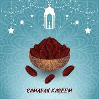 Ramadan kareem salutations islamique occasion bannière avec Date paume des fruits sur bol, étoiles, lanterne, ornemental décoratif Contexte vecteur