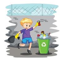mignonne peu garçon lancement des ordures dans le poubelle poubelle vecteur illustration
