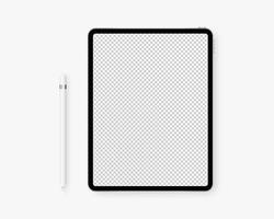 tablette réaliste avec un crayon. tablette avec écran transparent. maquette isolée. conception de modèle. illustration vectorielle.