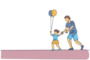 un dessin au trait continu jeune papa et sa fille vont au festival de carnaval de nuit pendant que l'enfant tient un ballon. concept de parentalité familiale heureuse. illustration graphique de vecteur de conception de dessin à une seule ligne