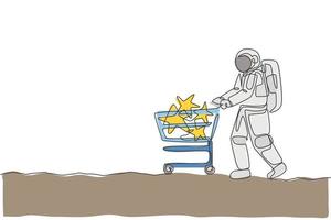 un dessin au trait continu d'un jeune astronaute poussant un chariot avec des étoiles à l'intérieur et achetant un jouet au supermarché. concept d'espace de galaxie cosmique. illustration graphique de vecteur de conception de dessin de ligne unique dynamique