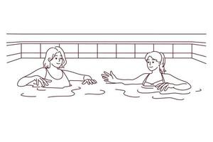 femmes dans maillots de bain avoir amusement dans nager bassin ensemble. femelle copains dans bikini nager dans l'eau dans intérieur bassin. loisir et des loisirs. vecteur illustration.