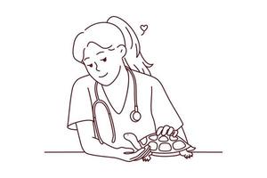 souriant femelle vétérinaire prendre se soucier de tortue dans hôpital. content femme vétérinaire médecin guérir petit national animal de compagnie dans clinique. vecteur illustration.