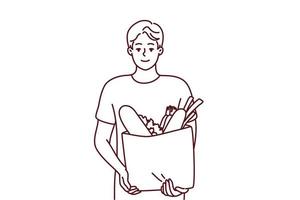portrait de souriant Jeune homme avec sac avec épiceries. content gars en portant paquet avec des biens et des produits. achats et nutrition. vecteur illustration.